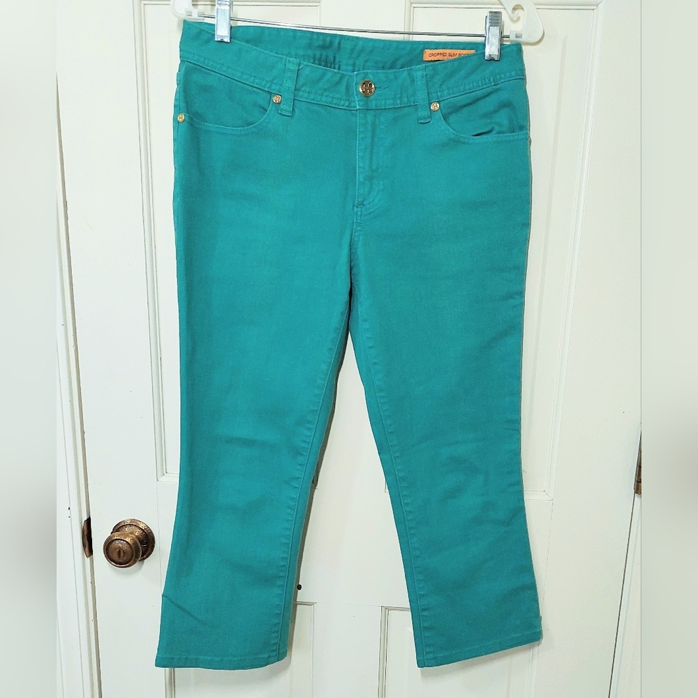 Tory Burch Teal Cropped Slim Boot Jeans, Size 28